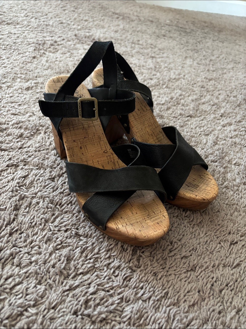 Kork-Ease Black Leather Cork Wedge Sandals with Ankle Buckle